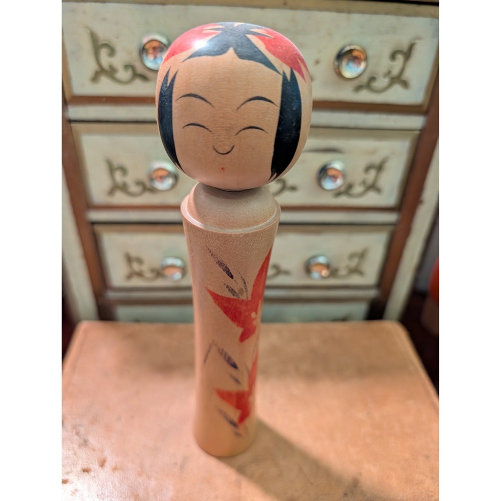 Vintage Japanese Kokeshi Doll Hand Painted Wood Maple Leaf Signed 8 Inch